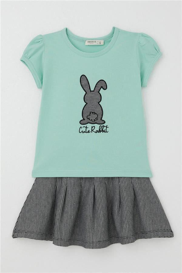 Girls' Skirt Set with Cute Bunny Print, Aqua Green (Ages 3-8)