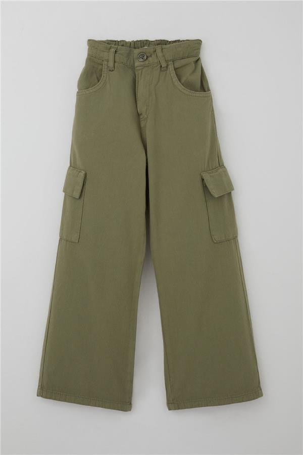 Girls' Gabardine Cargo Pants with Pocket Detail, Khaki Green (Ages 5-13)