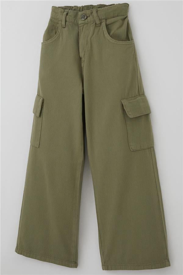 Girls' Gabardine Cargo Pants with Pocket Detail, Khaki Green (Ages 5-13)