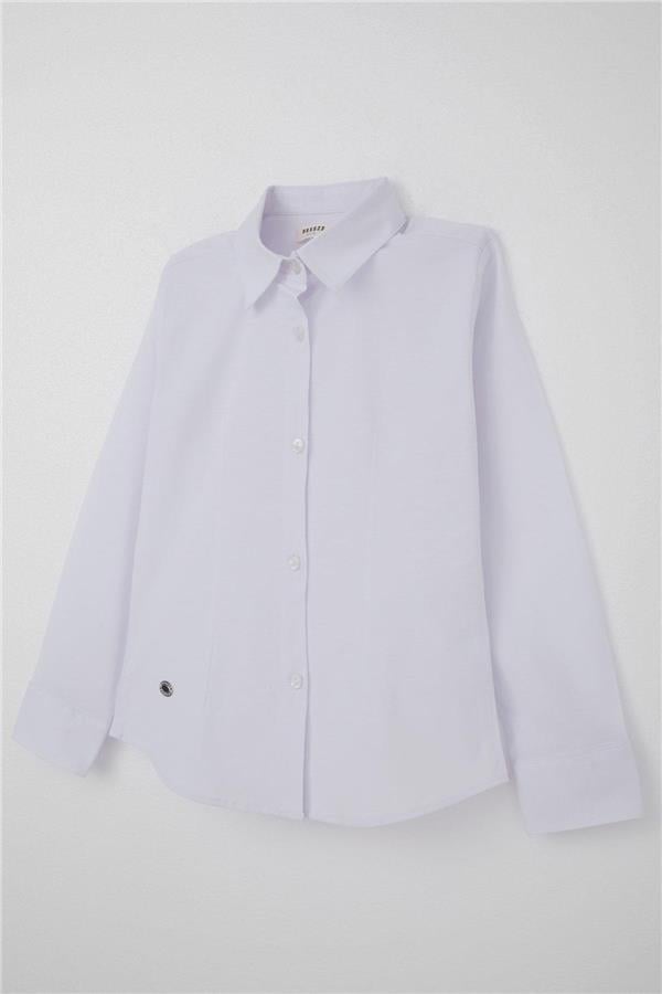 Girls' Shirt, Button-Down Waist, Emblem Detail, White (Ages 8-10)