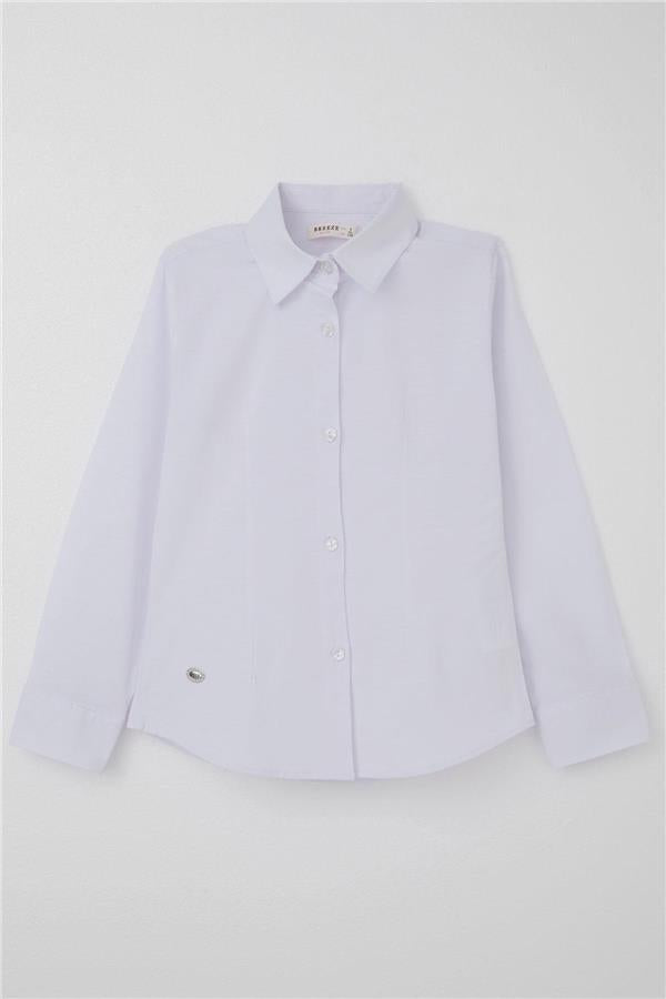 Girls' Shirt, Button-Down Waist, Emblem Detail, White (Ages 8-10)