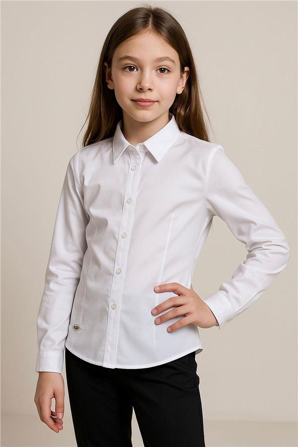 Girls' Shirt, Button-Down Waist, Emblem Detail, White (Ages 8-10)