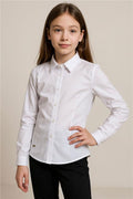 Girls' Shirt, Button-Down Waist, Emblem Detail, White (Ages 8-10)