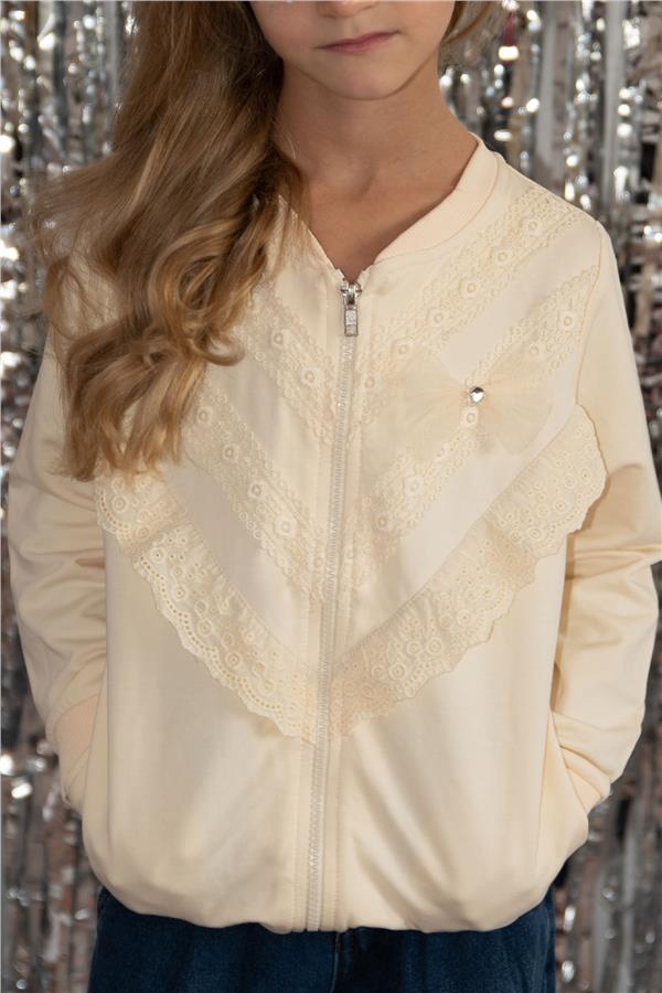 Girl's Cardigan with Lace, Cream Design (Ages 3)