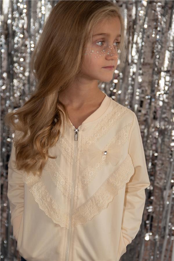 Girl's Cardigan with Lace, Cream Design (Ages 3)