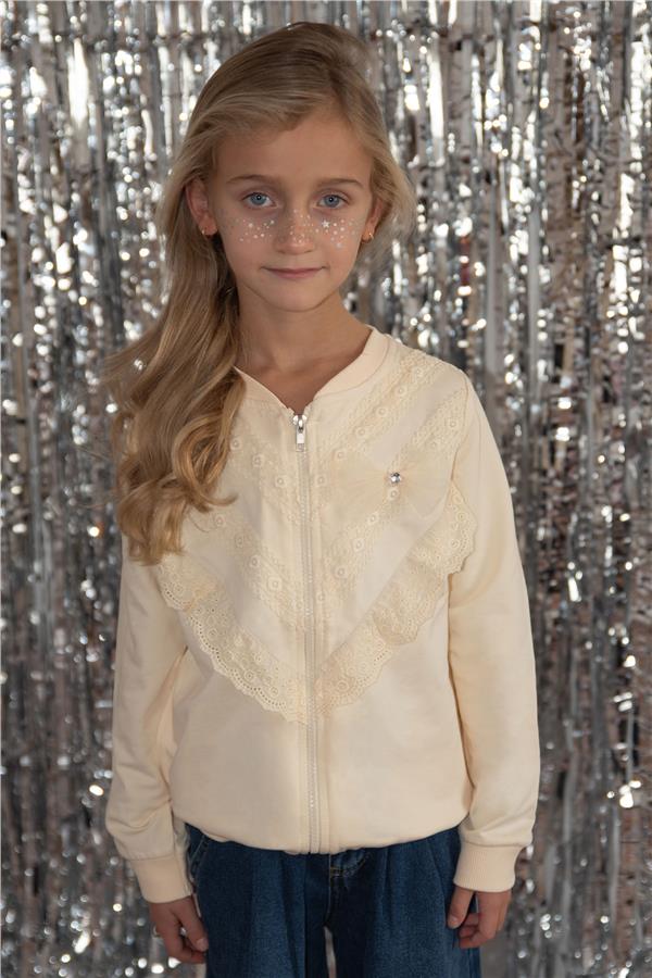 Girl's Cardigan with Lace, Cream Design (Ages 3)