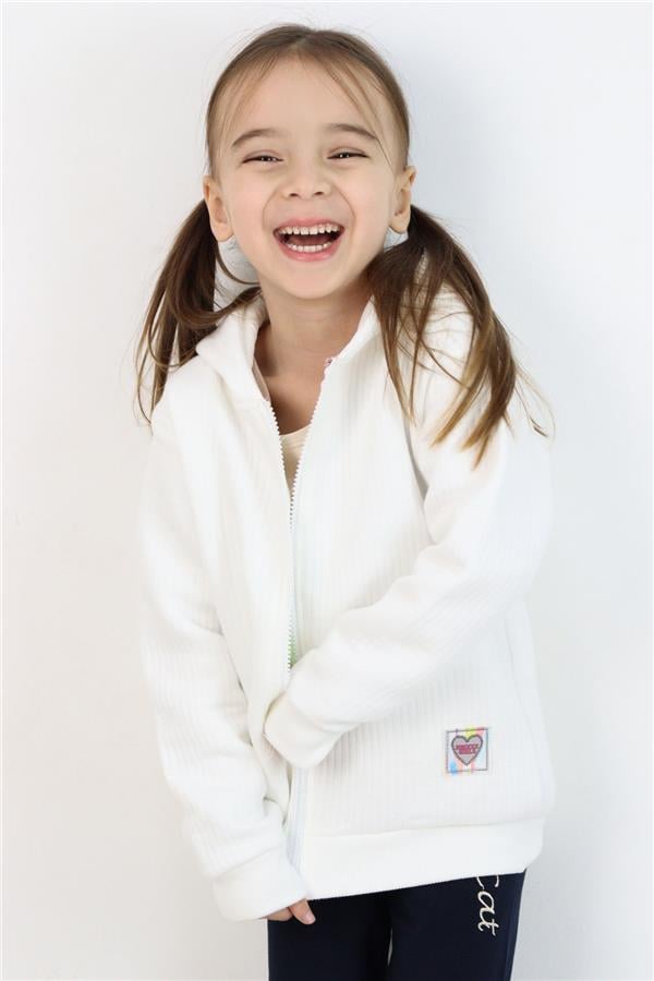 Girls' Cardigan, Love Theme, Colorful, Breeze Emblem, Hooded, Ecru (Ages 2-6)