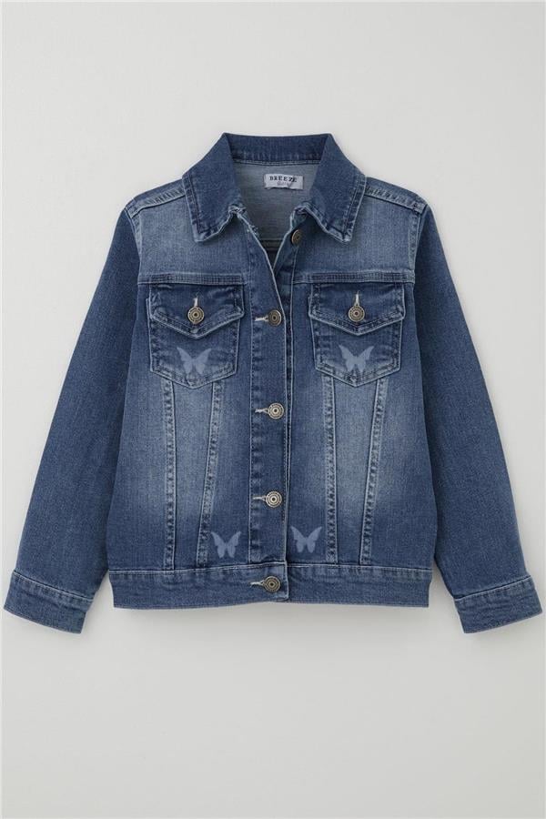 Girls' Denim Jacket with Butterfly Print Detail and Pockets, Blue (Ages 6-12)