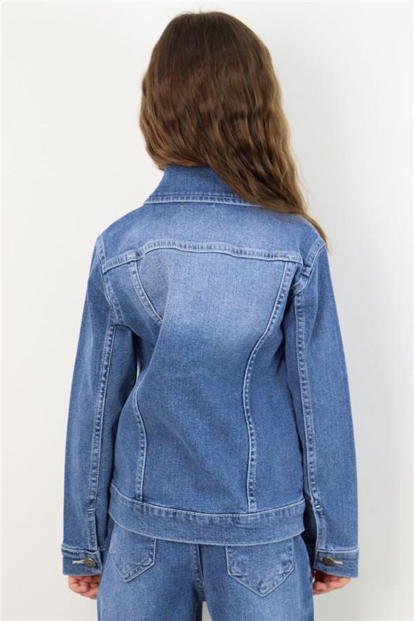 Girls' Denim Jacket with Butterfly Print Detail and Pockets, Blue (Ages 6-12)