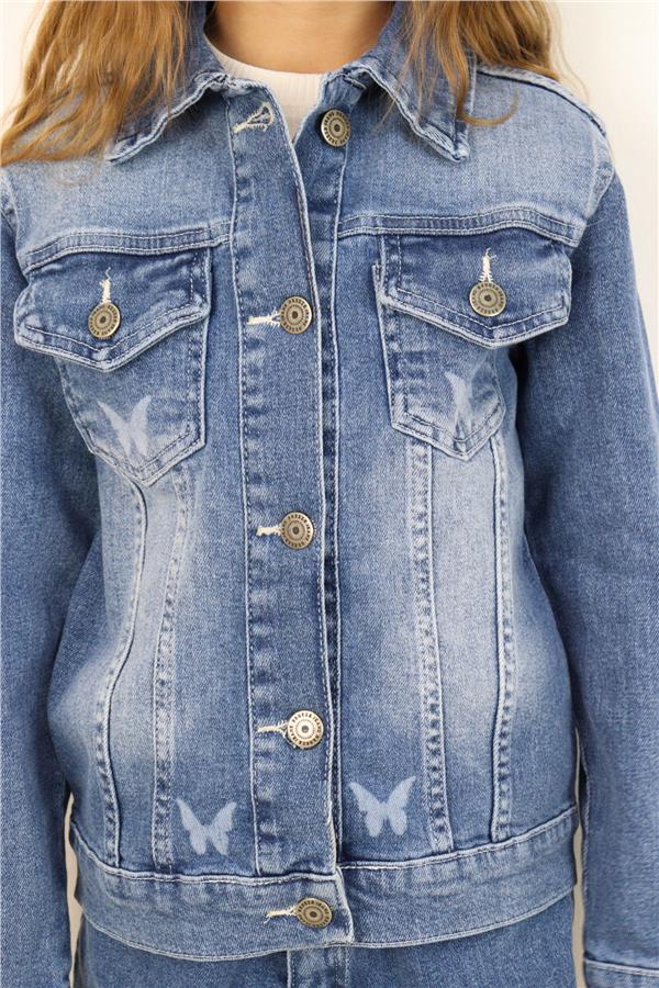 Girls' Denim Jacket with Butterfly Print Detail and Pockets, Blue (Ages 6-12)