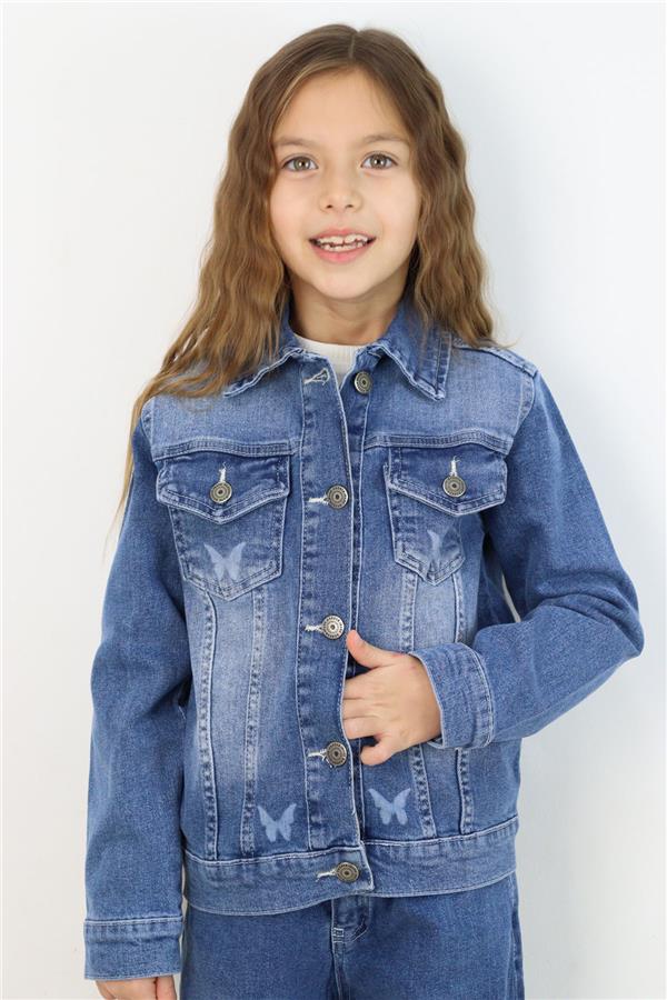 Girls' Denim Jacket with Butterfly Print Detail and Pockets, Blue (Ages 6-12)