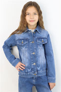 Girls' Denim Jacket with Butterfly Print Detail and Pockets, Blue (Ages 6-12)
