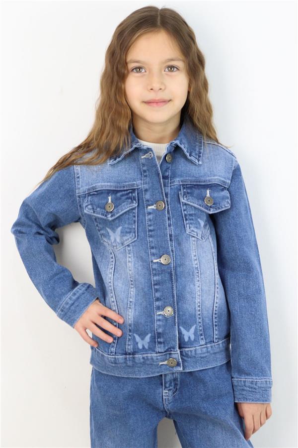 Girls' Denim Jacket with Butterfly Print Detail and Pockets, Blue (Ages 6-12)