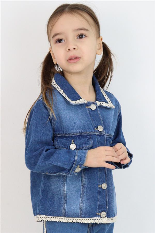 Girls' Denim Jacket with Lace Detail on Collar & Hem and Pocket Flap Details, Blue (Ages 3-7)