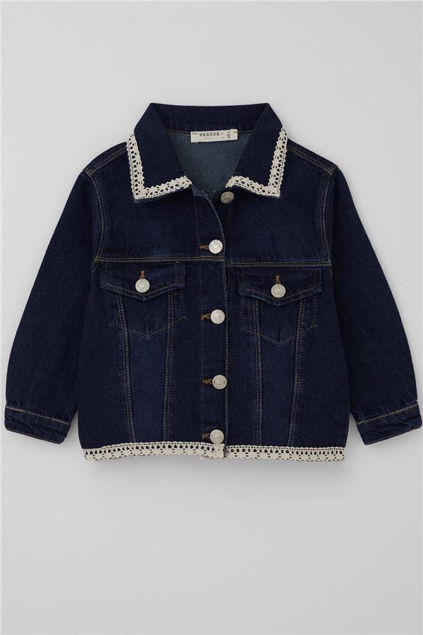 Girls' Denim Jacket with Lace Detail on Collar & Hem and Pocket Flap Details, Dark Blue (Ages 3-7)