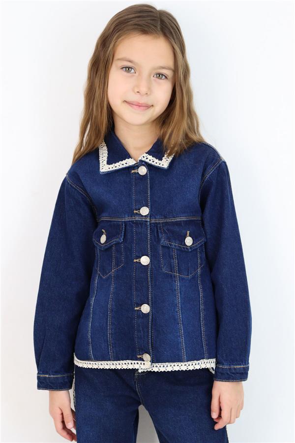 Girls' Denim Jacket with Lace Detail on Collar & Hem and Pocket Flap Details, Dark Blue (Ages 3-7)