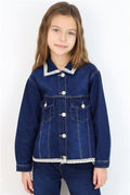 Girls' Denim Jacket with Lace Detail on Collar & Hem and Pocket Flap Details, Dark Blue (Ages 3-7)