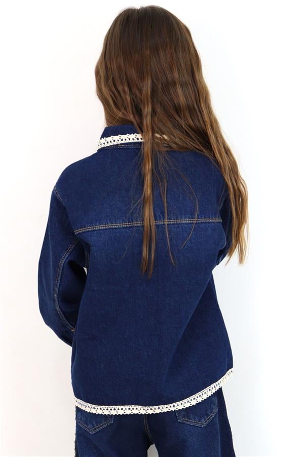 Girls' Denim Jacket with Lace Detail on Collar & Hem and Pocket Flap Details, Dark Blue (Ages 3-7)