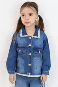 Girls' Denim Jacket with Lace Detail on Collar & Hem and Pocket Flap Details, Blue (Ages 3-7)