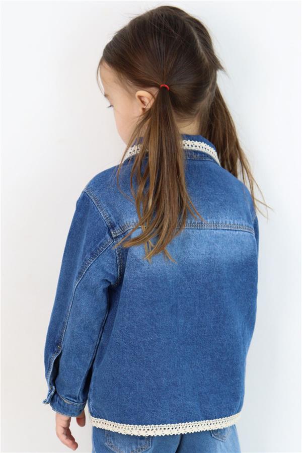 Girls' Denim Jacket with Lace Detail on Collar & Hem and Pocket Flap Details, Blue (Ages 3-7)