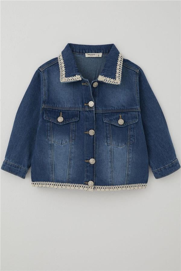 Girls' Denim Jacket with Lace Detail on Collar & Hem and Pocket Flap Details, Blue (Ages 3-7)