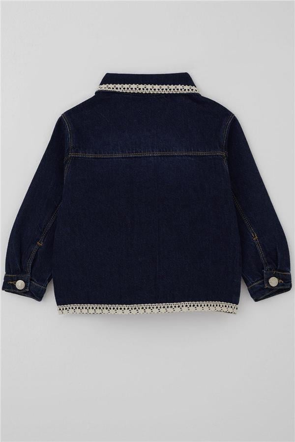Girls' Denim Jacket with Lace Detail on Collar & Hem and Pocket Flap Details, Dark Blue (Ages 3-7)