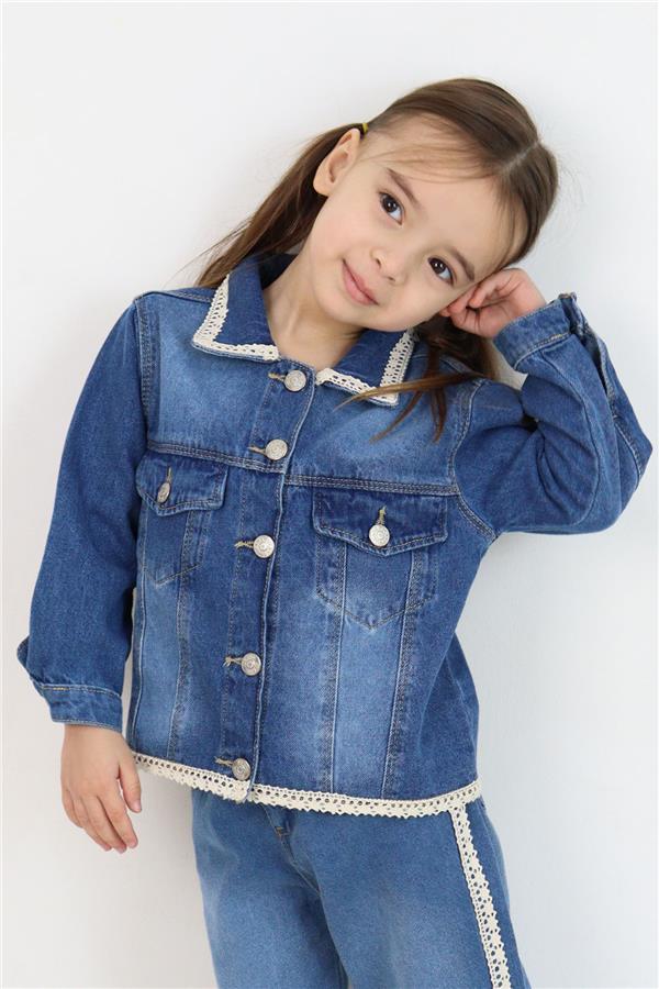 Girls' Denim Jacket with Lace Detail on Collar & Hem and Pocket Flap Details, Blue (Ages 3-7)