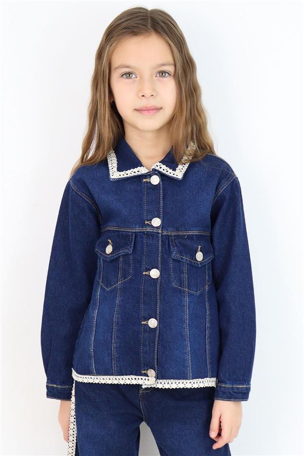 Girls' Denim Jacket with Lace Detail on Collar & Hem and Pocket Flap Details, Dark Blue (Ages 3-7)