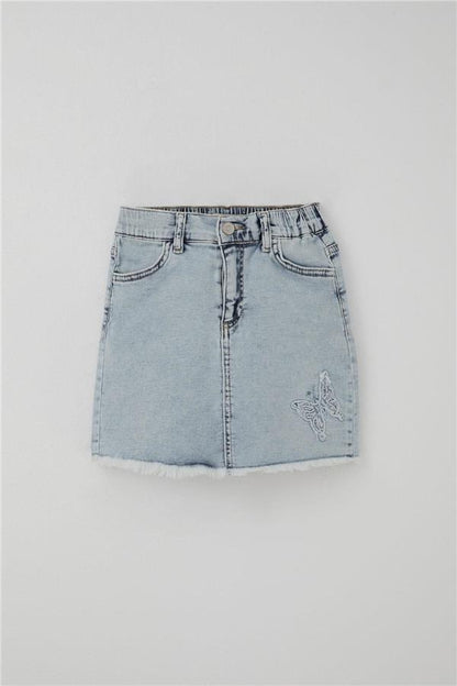 Girls' Denim Skirt with Butterfly Embroidery and Button Detail, Light Blue (Ages 6-10)