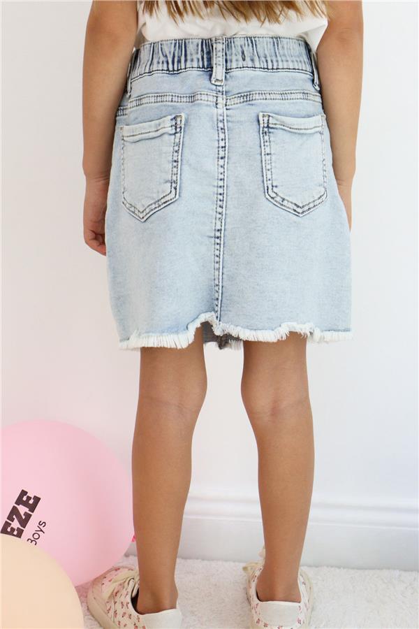 Girls' Denim Skirt with Butterfly Embroidery and Button Detail, Light Blue (Ages 6-10)