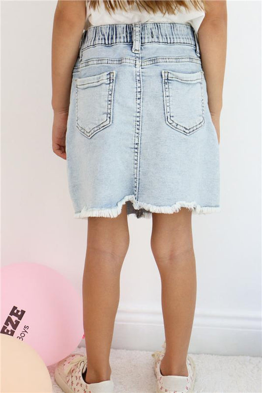 Girls' Denim Skirt with Butterfly Embroidery and Button Detail, Light Blue (Ages 6-10)