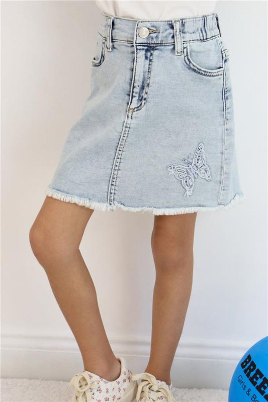 Girls' Denim Skirt with Butterfly Embroidery and Button Detail, Light Blue (Ages 6-10)