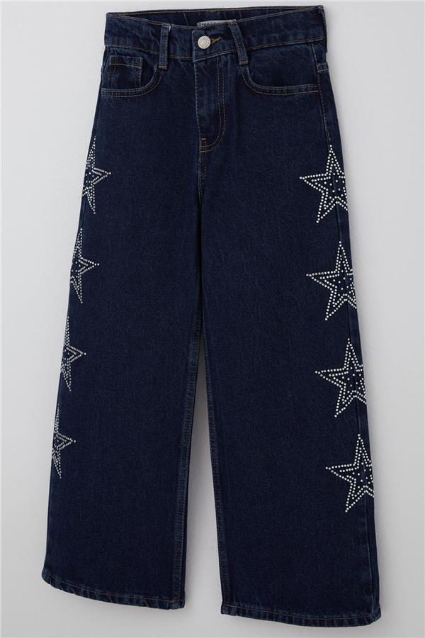 Girls' Jeans with Rhinestone and Star Print, Dark Blue (Ages 5-9)