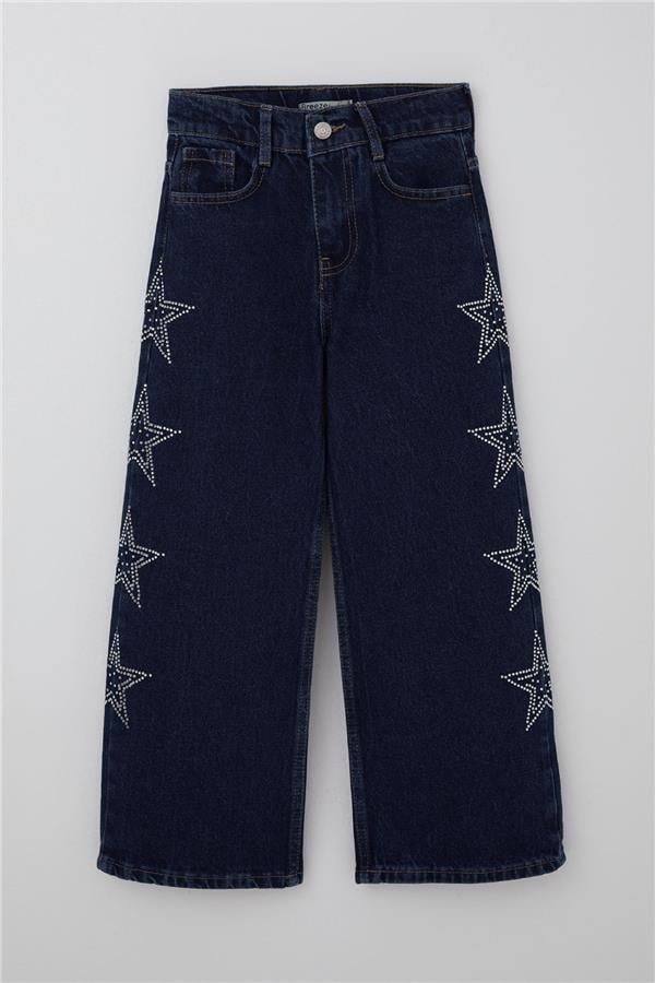 Girls' Jeans with Rhinestone and Star Print, Dark Blue (Ages 5-9)