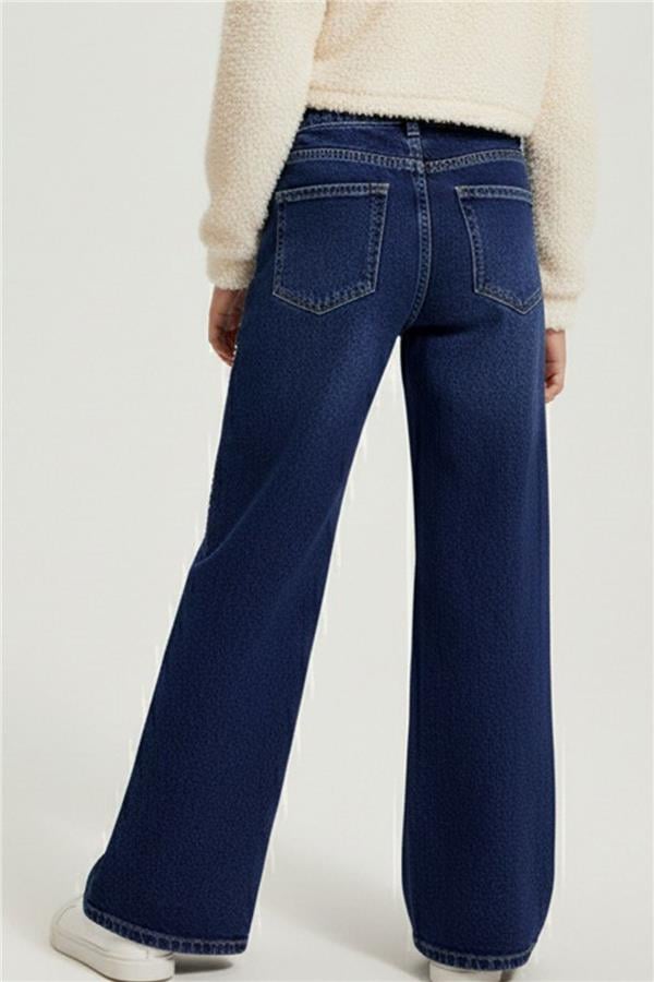 Girls' Jeans with Rhinestone and Star Print, Dark Blue (Ages 5-9)