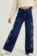 Girls' Jeans with Rhinestone and Star Print, Dark Blue (Ages 5-9)
