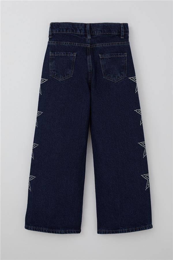 Girls' Jeans with Rhinestone and Star Print, Dark Blue (Ages 5-9)