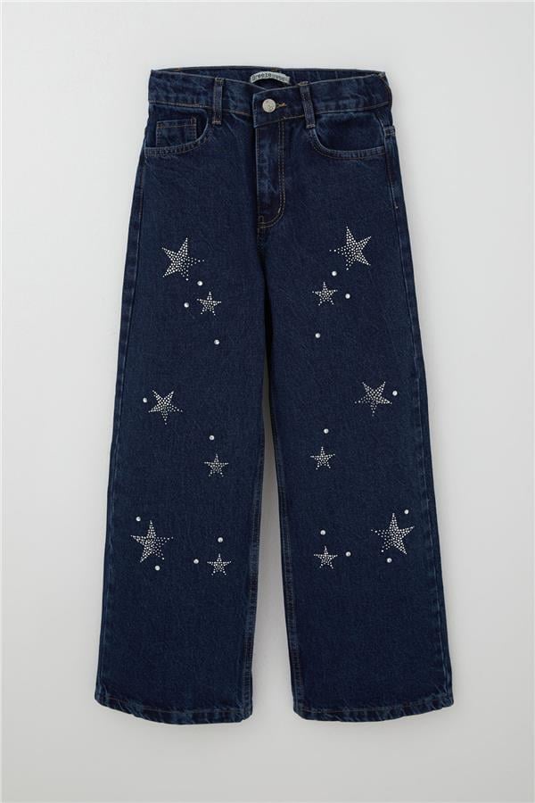 Girls' Dark Blue Jeans with Rhinestone Star Accessories (Ages 10-14)