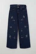 Girls' Dark Blue Jeans with Rhinestone Star Accessories (Ages 10-14)