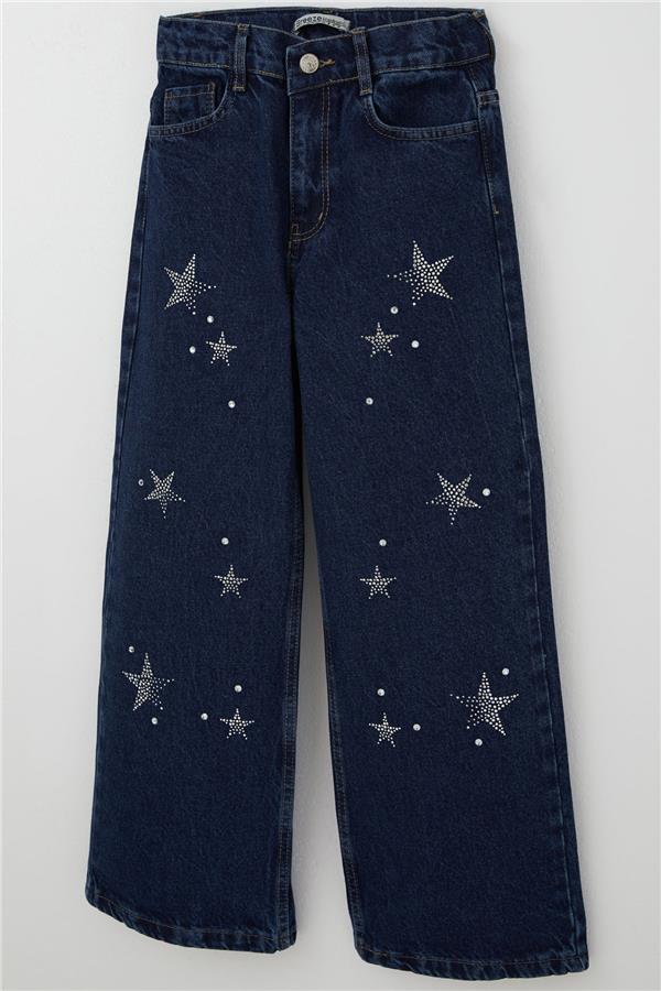 Girls' Dark Blue Jeans with Rhinestone Star Accessories (Ages 10-14)