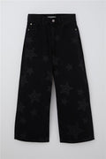Girls' Jeans with Star Print, Zipper and Button Closure, Black (Ages 10-14)