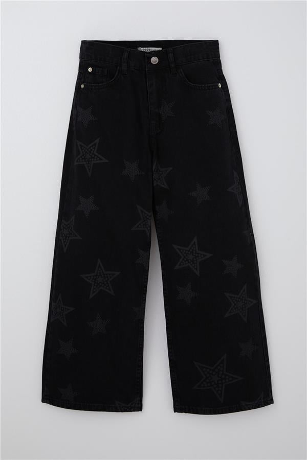 Girls' Jeans with Star Print, Zipper and Button Closure, Black (Ages 10-14)