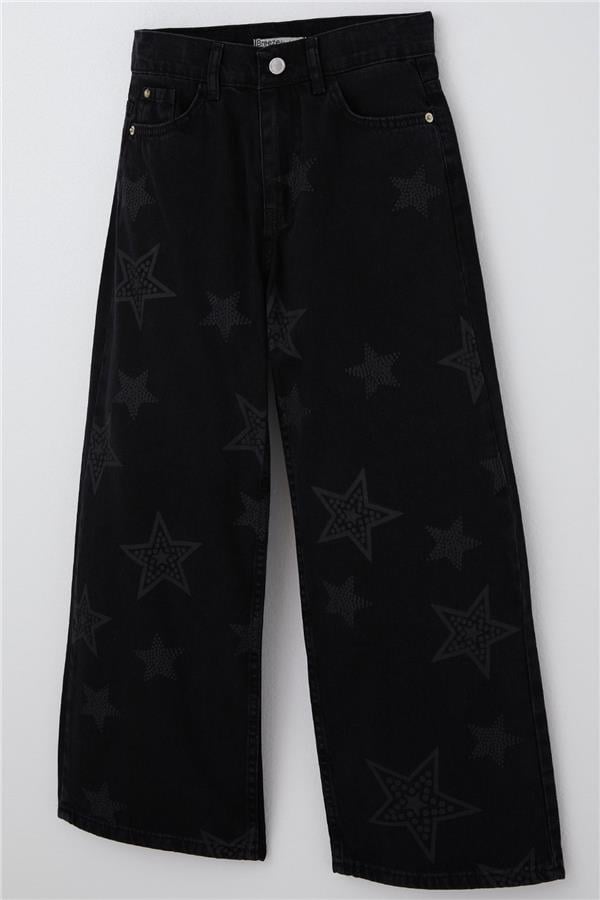 Girls' Jeans with Star Print, Zipper and Button Closure, Black (Ages 10-14)