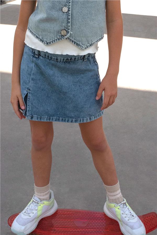 Girls' Denim Shorts Skirt with Pockets and Button Details, Blue (Ages 5-10)
