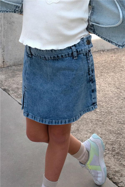 Girls' Denim Shorts Skirt with Pockets and Button Details, Blue (Ages 5-10)