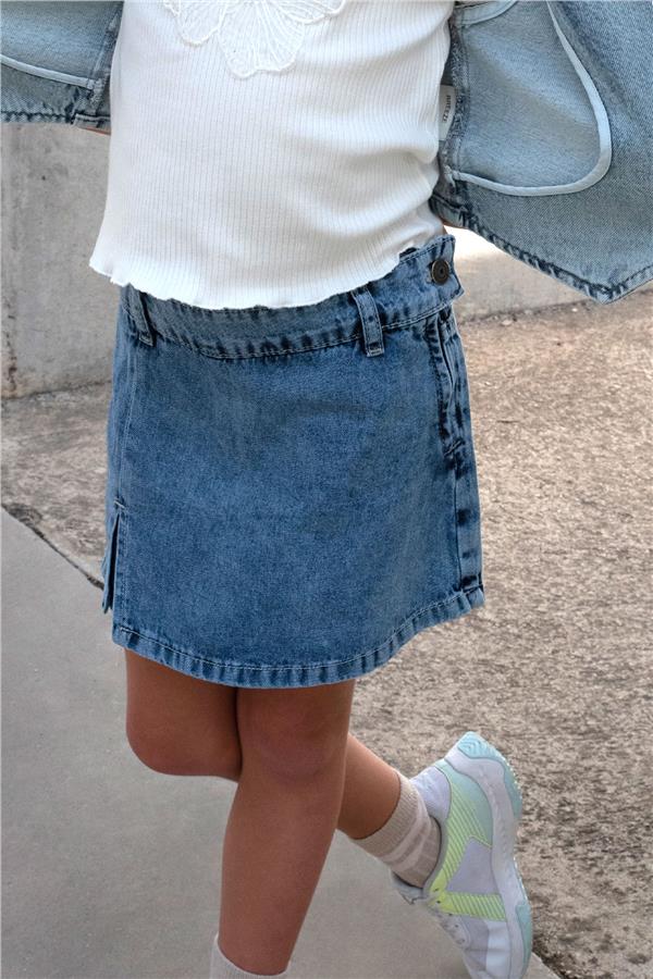 Girls' Denim Shorts Skirt with Pockets and Button Details, Blue (Ages 5-10)