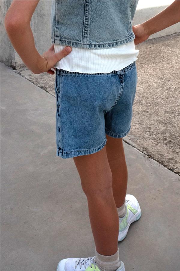 Girls' Denim Shorts Skirt with Pockets and Button Details, Blue (Ages 5-10)