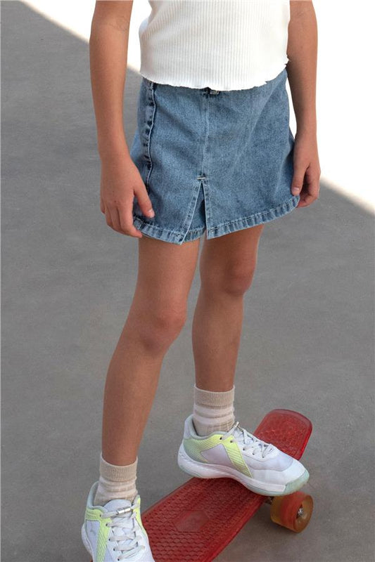 Girls' Denim Shorts Skirt with Pockets and Button Details, Blue (Ages 5-10)