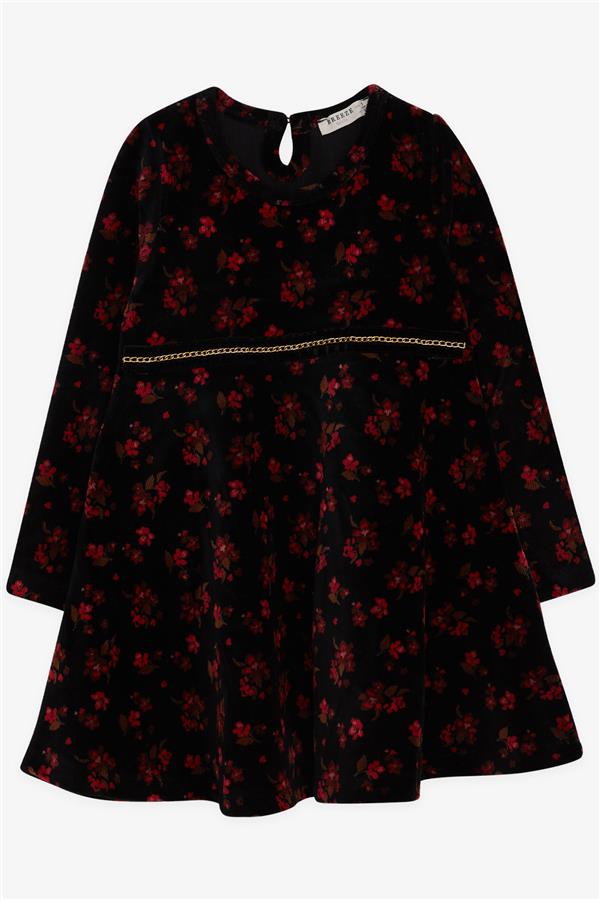 Baby Girl Velvet Long-Sleeved Dress with Floral Pattern, Black (2 Years)