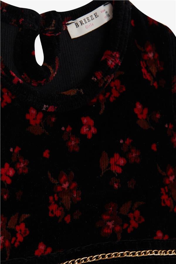 Baby Girl Velvet Long-Sleeved Dress with Floral Pattern, Black (2 Years)